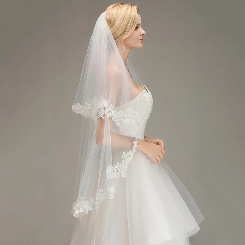 Voile Mariage 1.5M Короткая Фата с Кружевной Кромкой Расческой Двухслойная Вуаль Невесты Дешевые свадебные Аксессуары Veu de Noiva