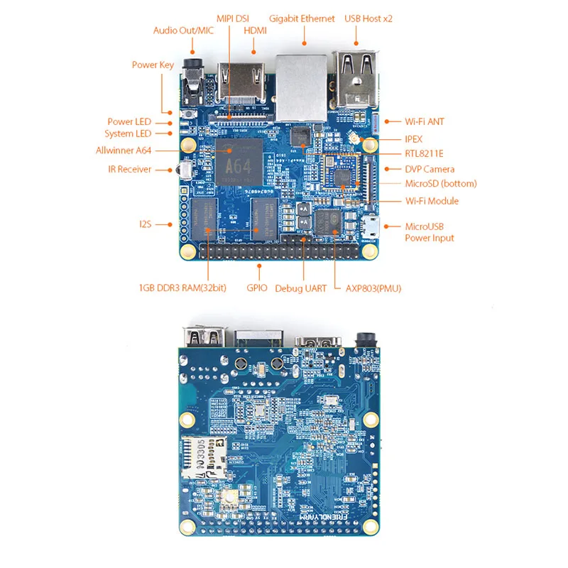 NanoPi A64 Allwinner A64, 64 бит высокопроизводительная, четырехъядерный A53 демонстрационная плата, работающая под управлением UbuntuCore и Ubuntu MATE