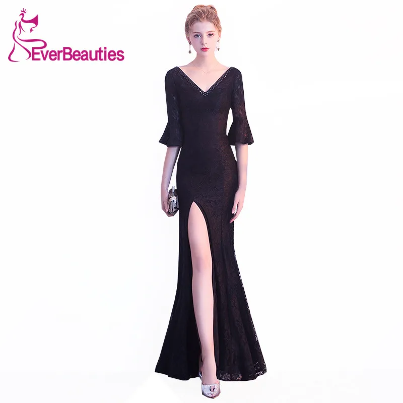

Elegant Mermaid Evening Dresses Long 2019 Back V Neck Party Dresses Half Sleeves Abendkleider Sexy Side Split Robe De Soiree