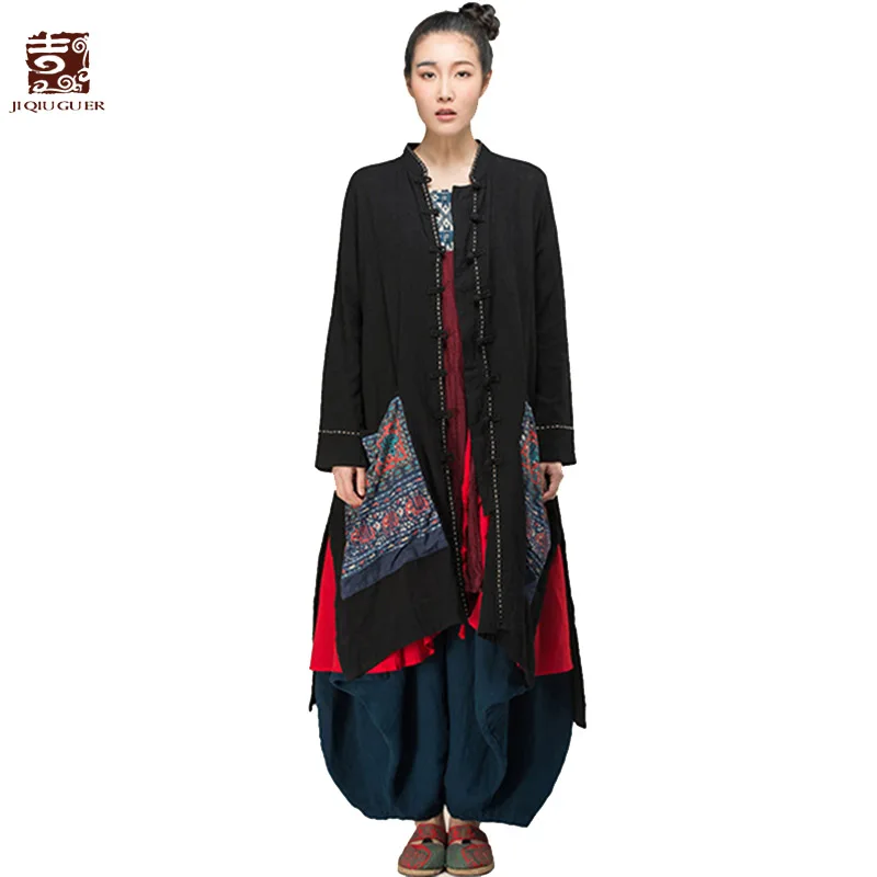 

Jiqiuguer Women Solid Black Cotton Blouses Shirt Vintage Plus size Floral Embroidery Pocket Full Sleeve Loose Long Tops G143Y010