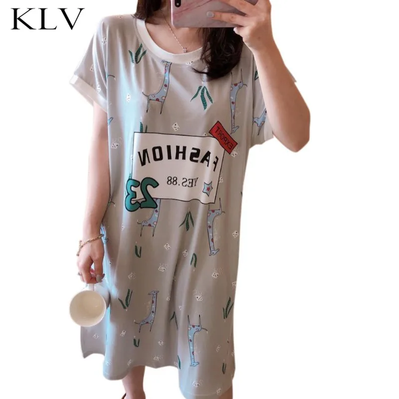 

Women Girl Summer Milk Fiber Short Sleeve Midi Nightdress Candy Colored Cartoon Giraffe Animal Flared Sleepwear Loose Loungewear