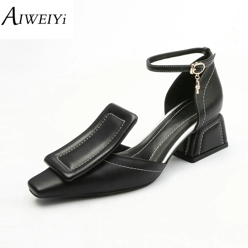 

AIWEIYi Women's Sandals Genuine Leather Fashion Closed toe Ankle Strap Strange High Heels Shoes Black White Summer Sandal Shoes