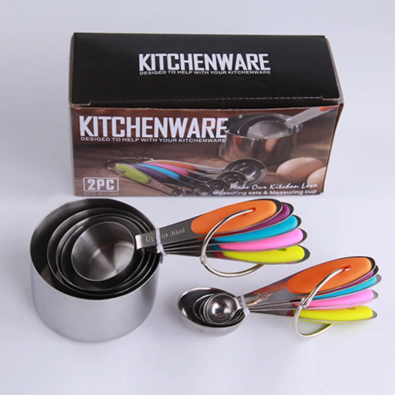 

10 Pcs/set Professional Grade Stainless Steel Measuring Cup Spoon Set with Soft Silicone Handles Kitchen Baking Cooking Tools