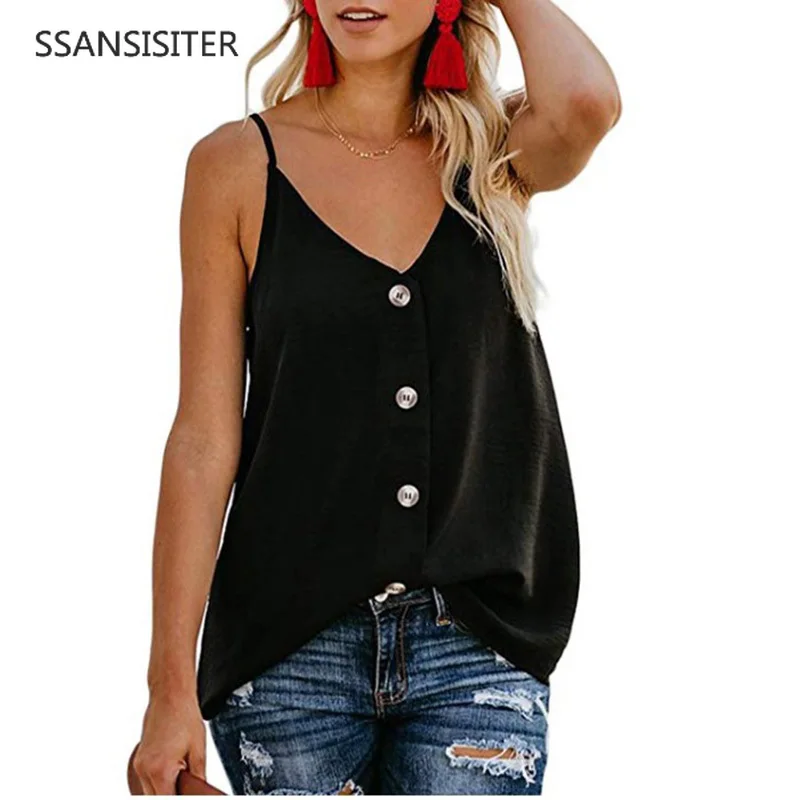 

Women Tropical Wind Sleeveless Vest Sling Blouse V Neck Spaghetti Strap Casual Tops Slim Buttons Shirt Femininas Vest Chic Tops