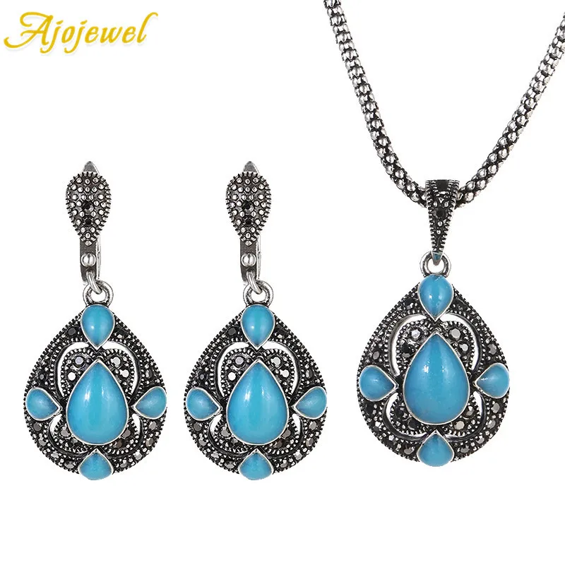 

Ajojewel Brand Parure Bijoux Elegant Water Drop Necklace Earrings Blue&Green&Red Oils Vintage Jewelry Sets For Women Party Gift