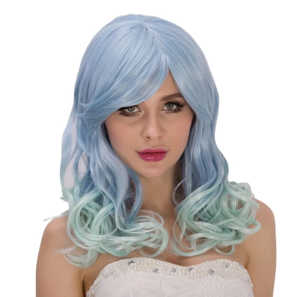 

Blue Gradient Cosplay Curly Party Wavy Heat Resistant Costume Periwig Perruque Front Lace Wigs