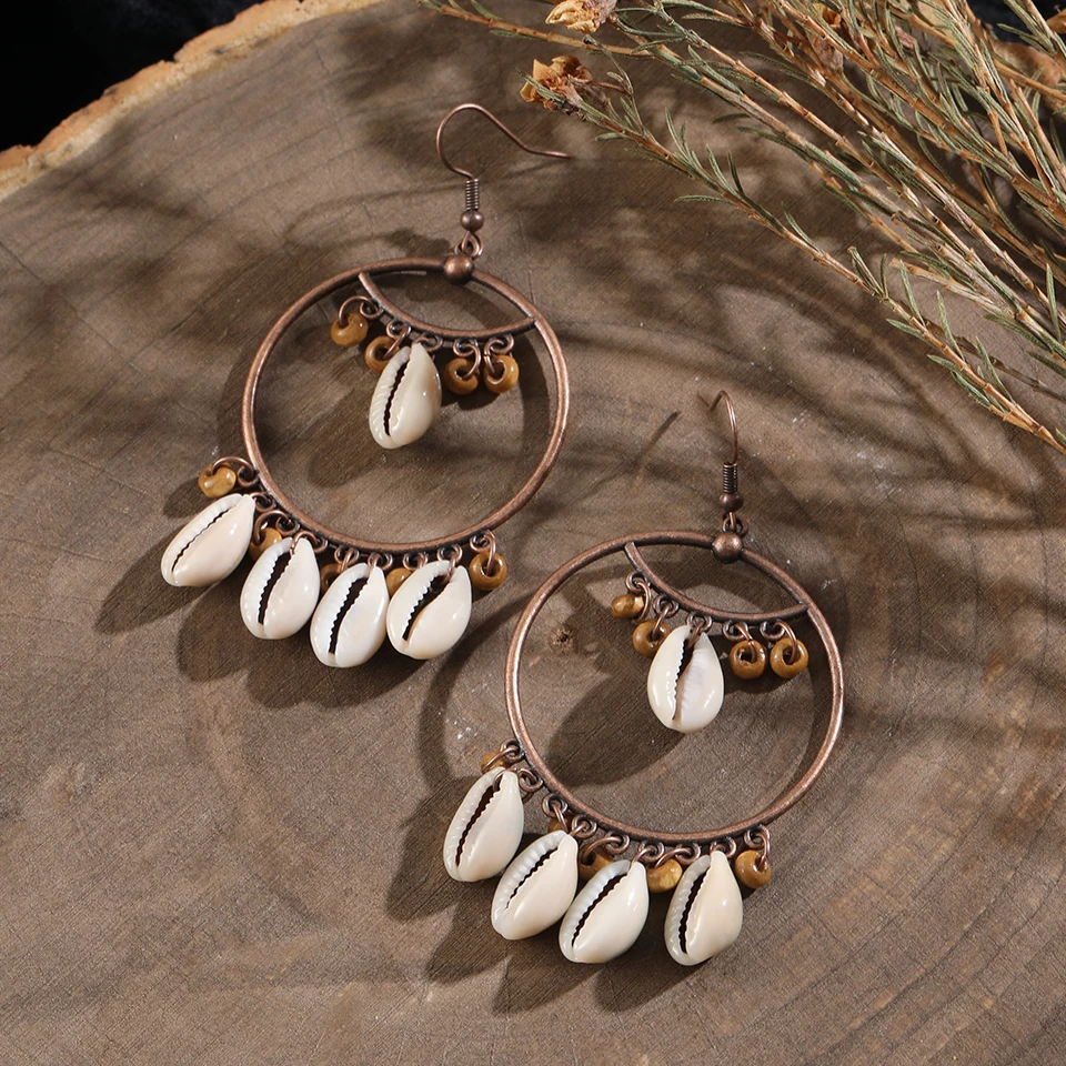 

Vintage Bohemian Shell Dangle Hanging Round Drop Earrings for Women Summer Statement Fashion Woman Earring 2019 Jewelry