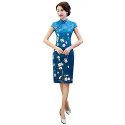 Синий Traitional печати для женщин Chines стиль Qipao Элегантный вечернее облегающее платье район короткий рукав шоу на сцене Cheongsam Oversize 3XL