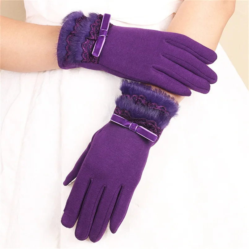 1 пара, женские кашемировые перчатки с сенсорным экраном, полный палец, Осень-зима, теплые кроличьи меховые кружевные перчатки для вождения, элегантные фиолетовые перчатки - Цвет: Сливовый