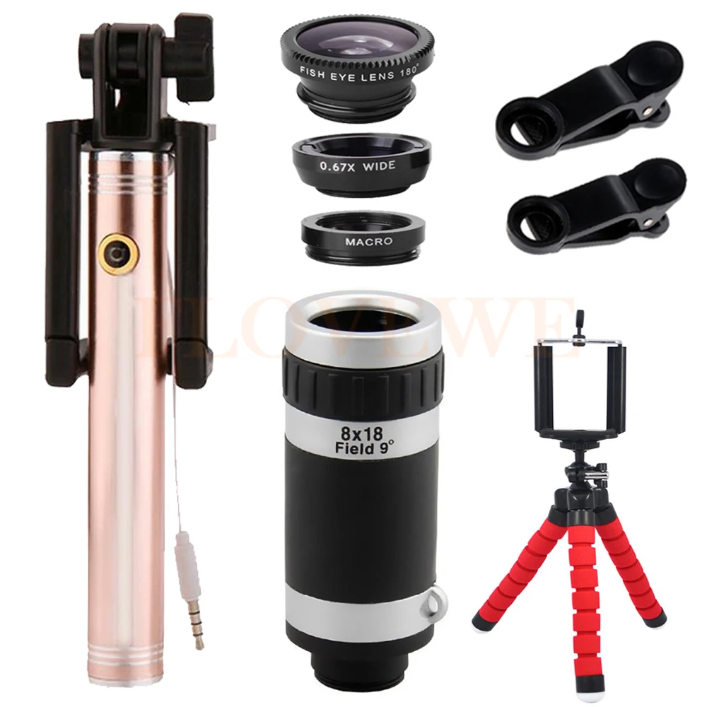 New Phone lenses Kit 8X Telephoto Zoom Lentes Wide Angle Macro Fisheye Lens For iPhone 5 5s 6 6s 7 Plus Mobile Tripod Monopod