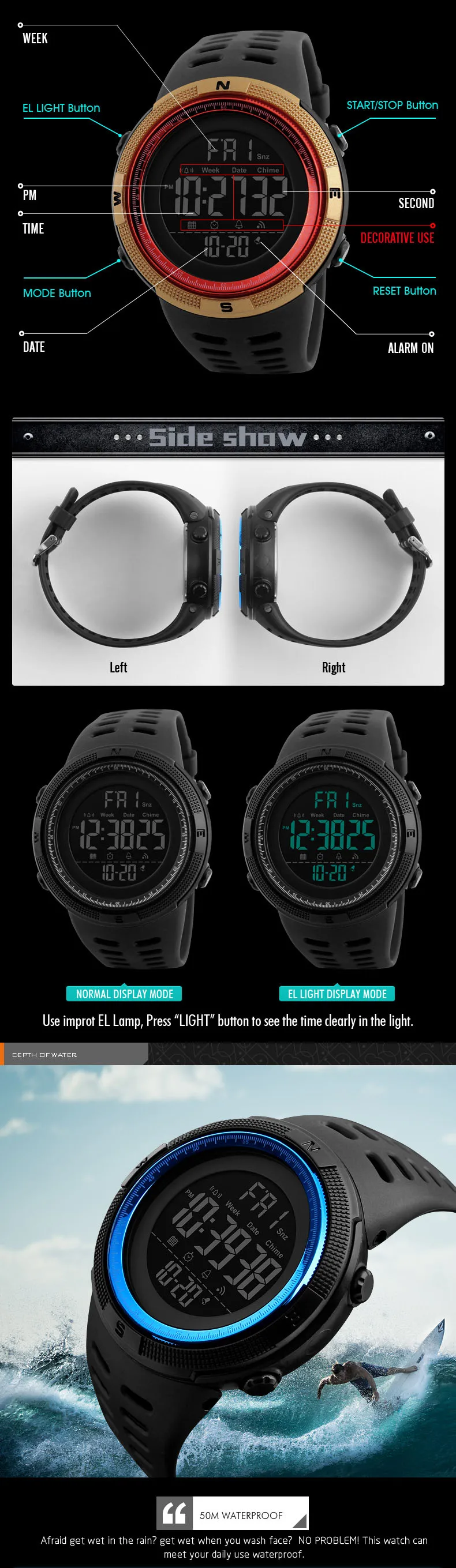 Skmei Роскошные Брендовые мужские спортивные часы для дайвинга 50 м цифровые светодиодные армейские часы мужские модные повседневные электронные наручные часы Relojes