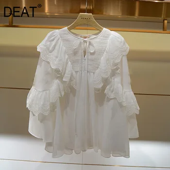 

DEAT 2020 new summer fashion women peter pan collar flare sleeves ruffles organza mesh see through shirt female blouse WG91400L