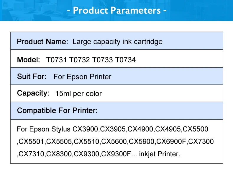 Картридж с чернилами для принтера Epson T0731 стилус TX111 TX200 TX210 TX209 TX213 TX220 TX400 TX409 TX410 принтер+ 4 цвета 100 мл бутылка чернил