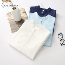 Zoe Saldana 2017 New Fashion OL Casual White Shirt Women Long Sleeve Stand Collar Cotton Female Blusa Women Tops