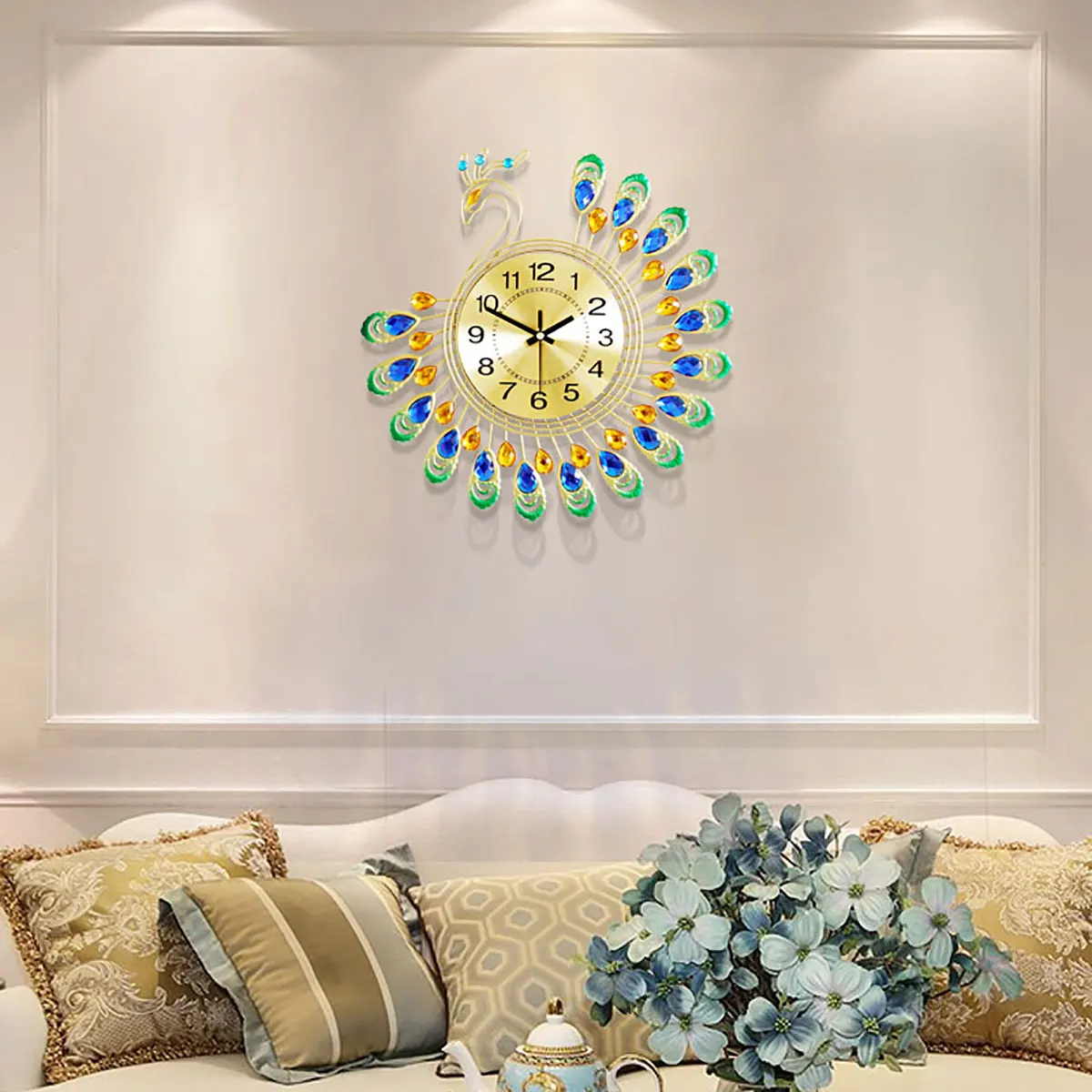 Европейский стиль, настенные часы в форме павлина, металлические часы с бриллиантами для дома, комнаты, офиса, Декор, часы для рукоделия, украшения, подарок, 38X38 см