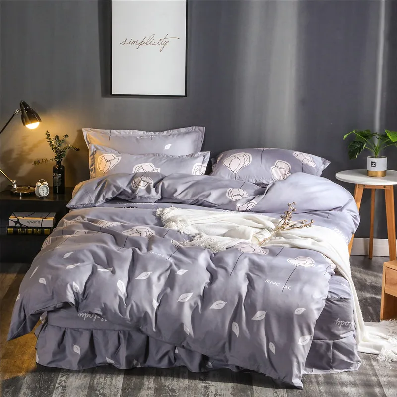 

Fashion Purple Print Bedding Set 3 Size Bed Linen 4pcs/Set Duvet Cover Set Bed Skirt AB Side Duvet Cover Bed Thickened Sanding