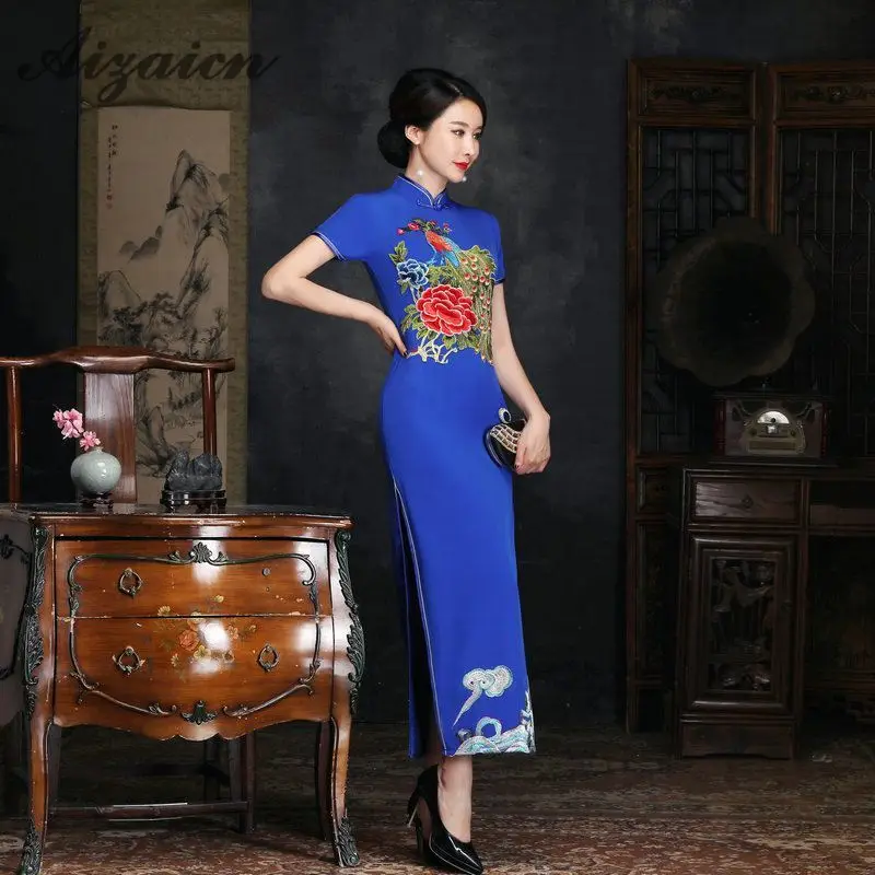 Китайский невесты Cheongsam длинное платье современное Ципао красный кружево Тонкий Винтаж модные принты Платья вечерние партии Прополка