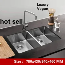 Модная стандартная большая кухонная ручная раковина двойной паз прочный 304 нержавеющая сталь Горячая 780x430/840x460 мм