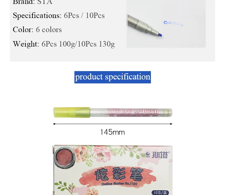 STA 6Colors Outline Markers Multifunctional Glare Color Edge Pen Highlighter Waterproof Paint Marker Pen brush School Supplies