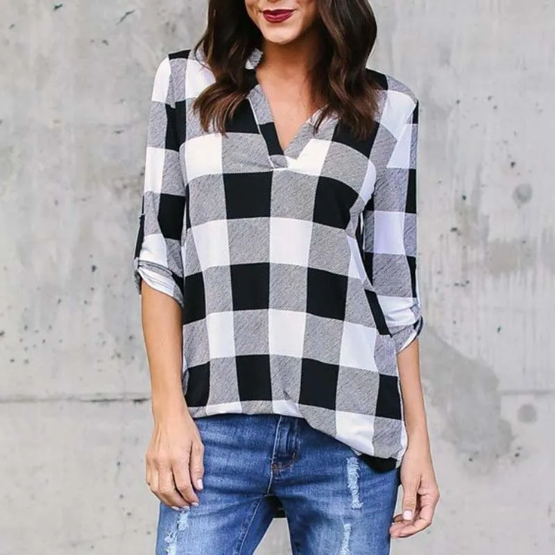 Women Fashion V Neck Long Sleeve Plus Size S 5XL Loose Blouse Casual Check Plaid Baggy Shirts Classic Pullovers Blouses