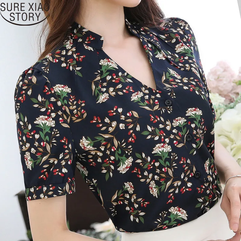Vente Printemps plus la taille 2017 nouvelle femme chemisier en mousseline imprimé fleur de mode chemisier femmes chemise à manches courtes tops 894F 30