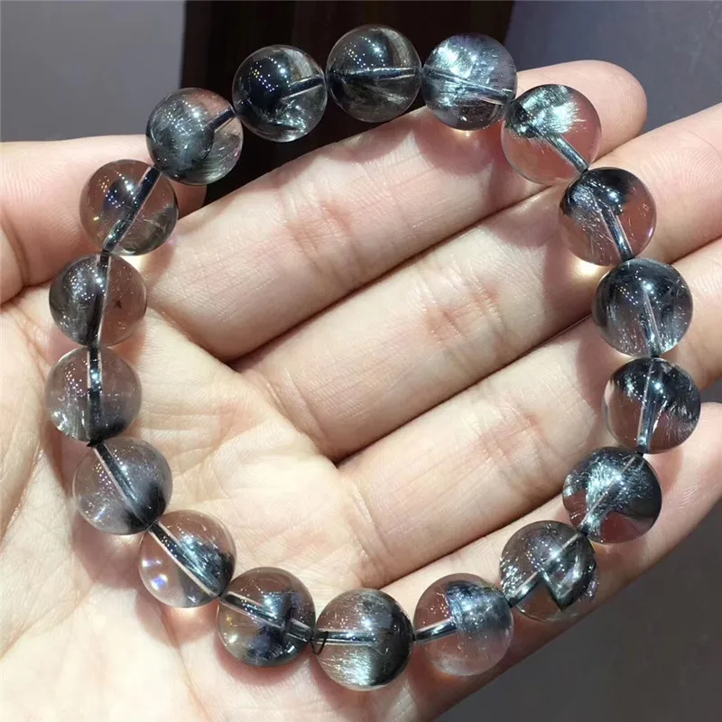 

11.9mm Natural Brookite Platinum Silver Rutilated Quartz Bracelet Woman Man Gift Round Beads Gift Crystal Stretch Lucky Jewelry