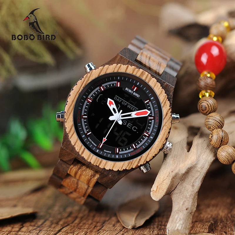 Baratos BOBO BIRD LED Digital de madera reloj hombres Dual Display relojes de cuarzo hombre relogio masculino en caja de regalo de Bambú w P02