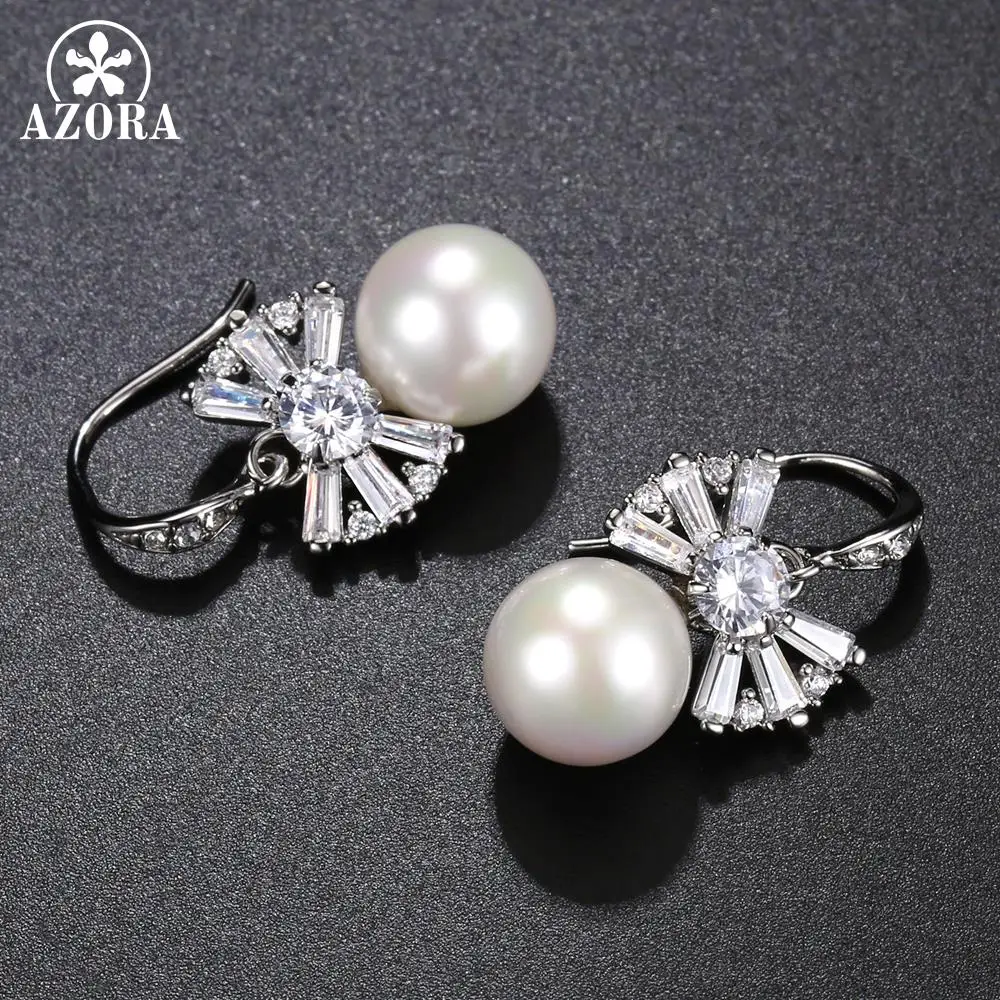 AZORA Light Ivory Pearl Drop Vintage Bridal Bowknot Earrings with White Gold Color Round Cut Clear Cubic Zirconia TE0336