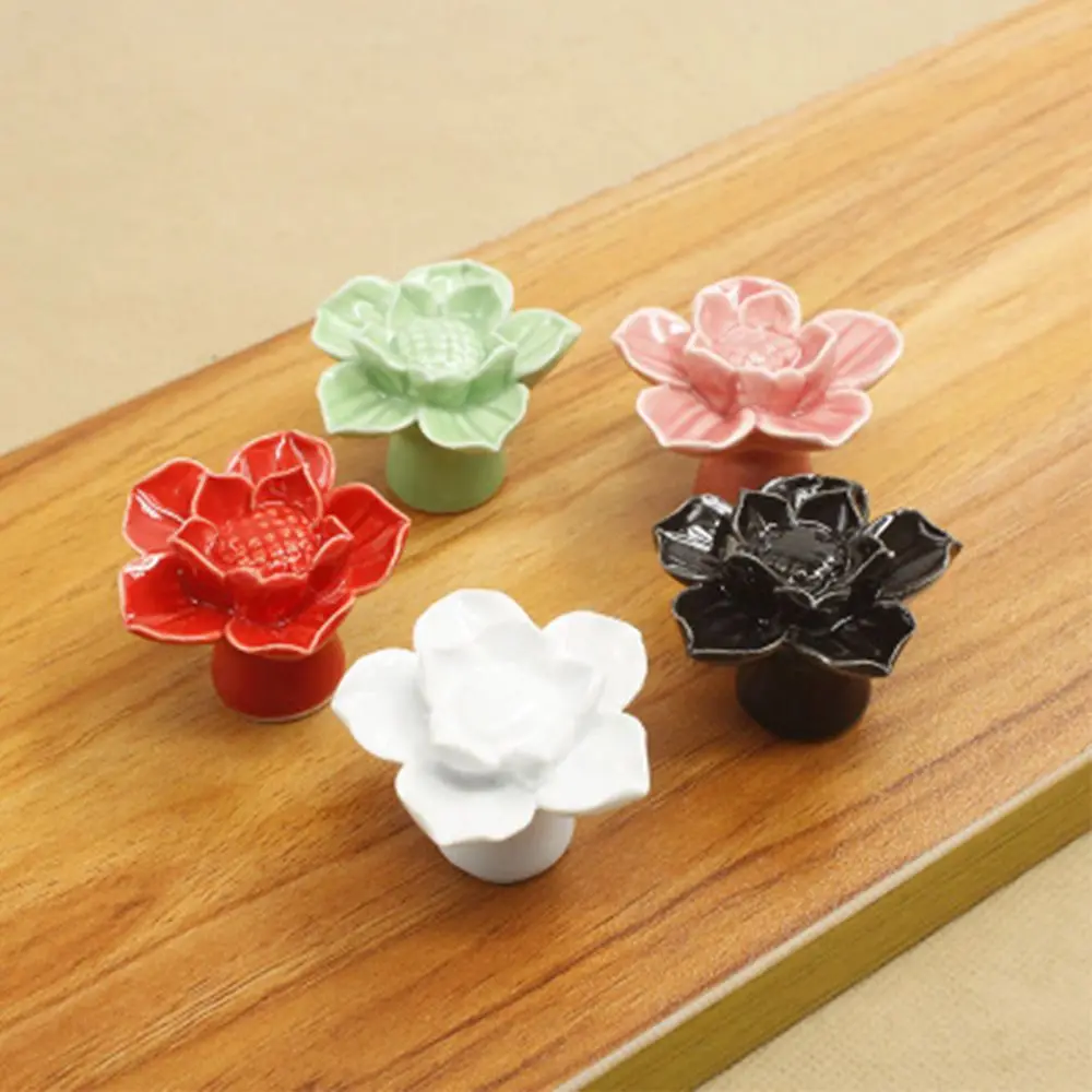 

Hot Selling Attractive Cute Furniture Hardware Lotus Flower Shape Ceramic Wardrobe Cupboard Knobs Furniture Drawer Handles