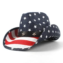 Женская и мужская Ковбойская соломенная шляпа для папы Вестерн Sombrero Hombre шляпа с МЕХОВОЙ окантовкой с американским флагом США размер 58 см дропшиппинг