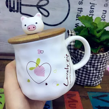 

2018 Valentine's Day Piggy Coffee Mugs Tea cup ceramic cup with Spoon wood Lid water bottles Breakfast Milk cups For Lovers gift