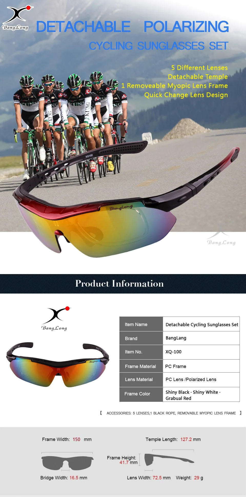 BangLong поляризационные спортивные солнцезащитные очки, регулируемые велосипедные солнцезащитные очки, UV400, велосипедные очки, мотоциклетные очки для вождения, унисекс, 5 линз