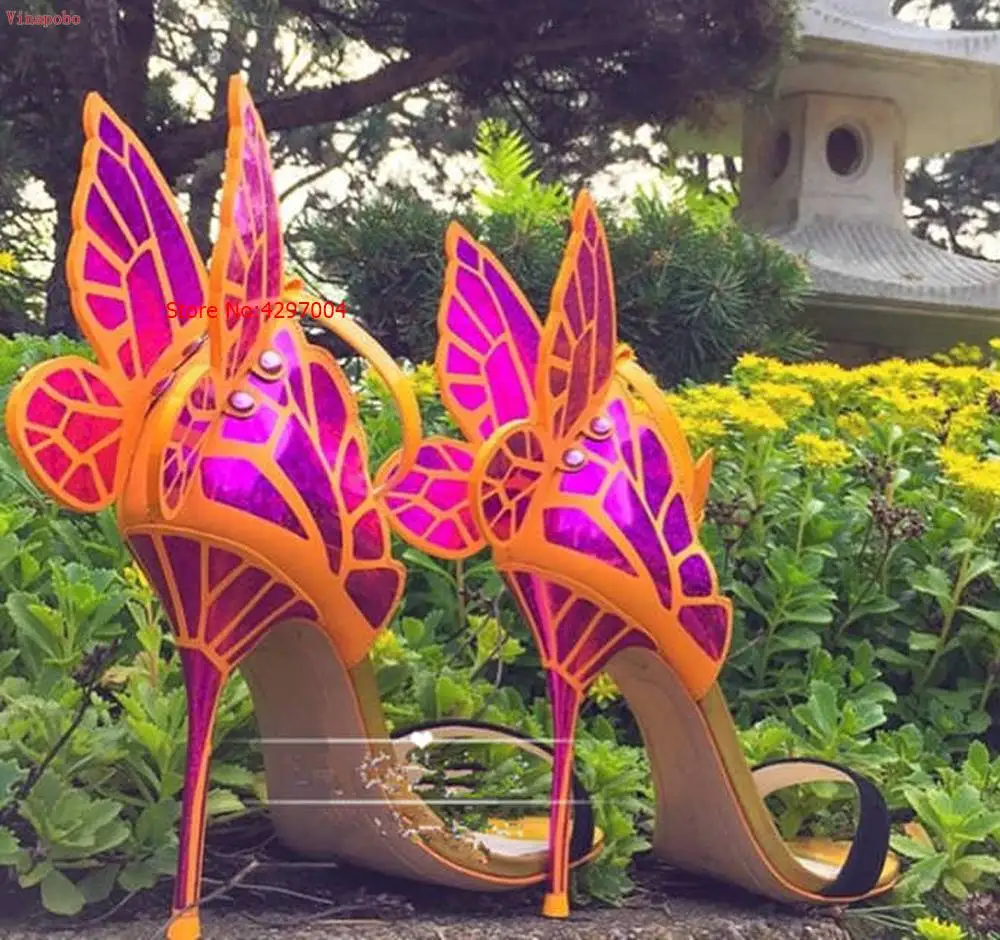 Популярные женские сандалии-гладиаторы на высоком каблуке с ремешком на лодыжке и крыльями ангела; женские разноцветные сандалии с бабочкой; женская свадебная обувь для вечеринок