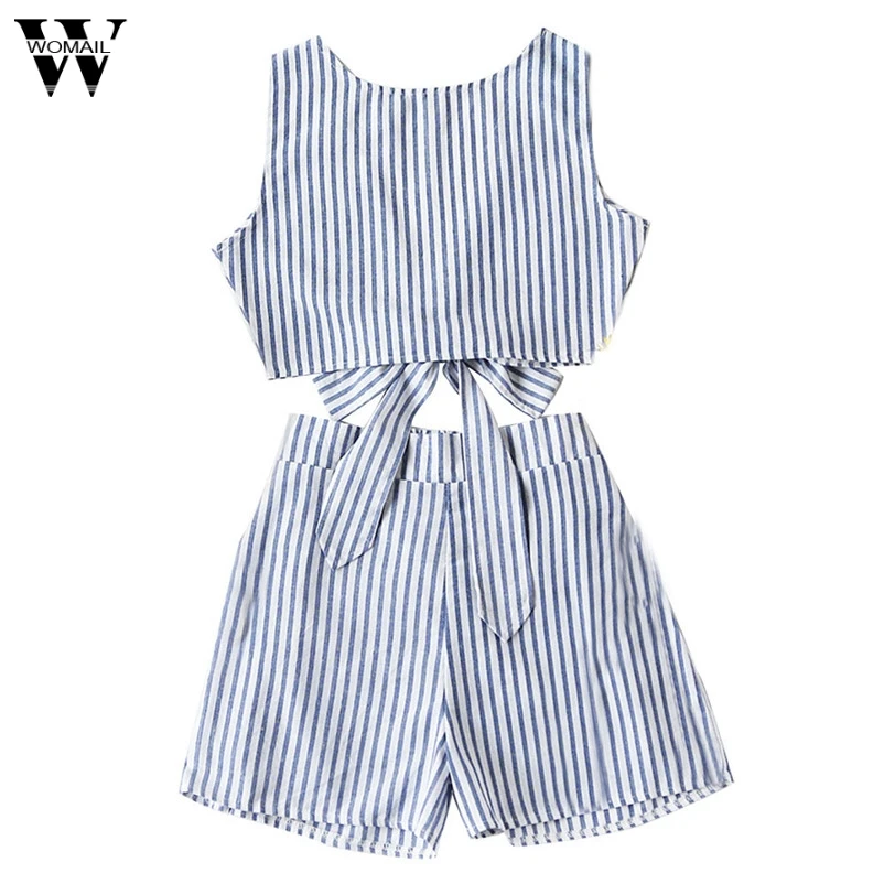 

Womail Good Deal 2017 Fashion Feminina Cotton Blusas Women Convertible Vertical Striped Bow Tie Crop Top With Short Gifts