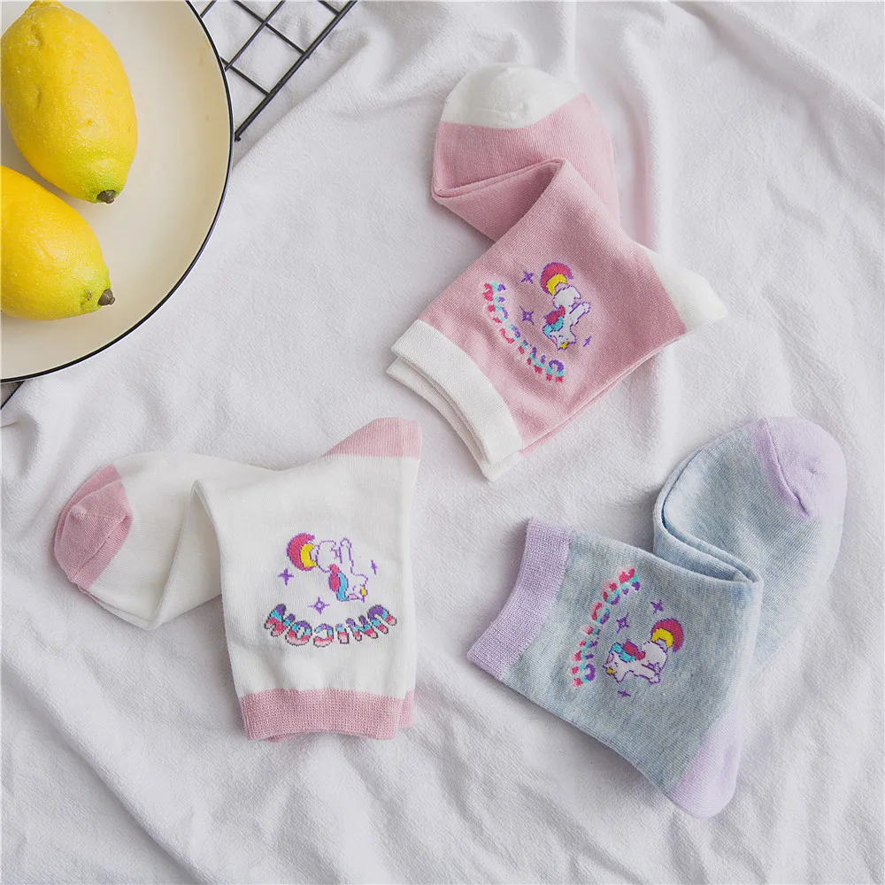 Adult Size Unicorn Socks Girly Girl Ulzzang Harajuku Rainbow Stars Cartoon College Animal Horse Macaroon Horn Dusk Purple Taro