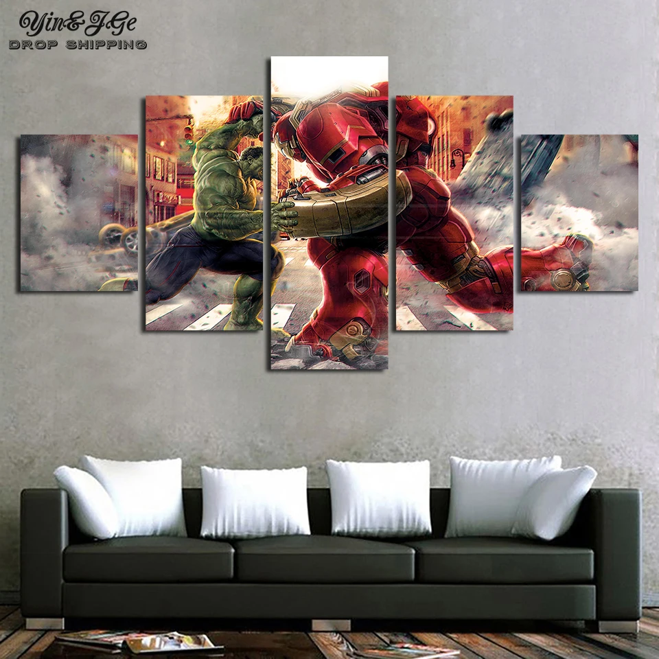 Printed-Home-Decoration-Modern-Wall-Art-5-Piece-Iron-man-Abstract-Canvas-Painting-Modular-The-Hulk