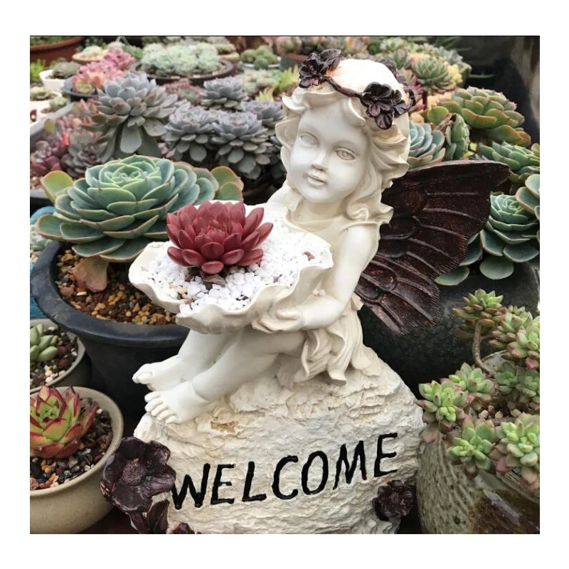 

Outdoor Garden Courtyard Landscape Resin Retro Angel Welcome Girl Flower Vase Figurines Statues Home Sculpture Craft Decoration