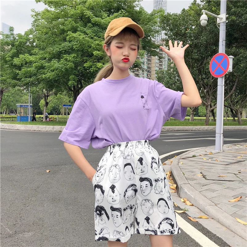 

New fashion brand korean harajuku style Women's Clothing ulzzang personality Graffiti cartoon print loose casual wide leg pants