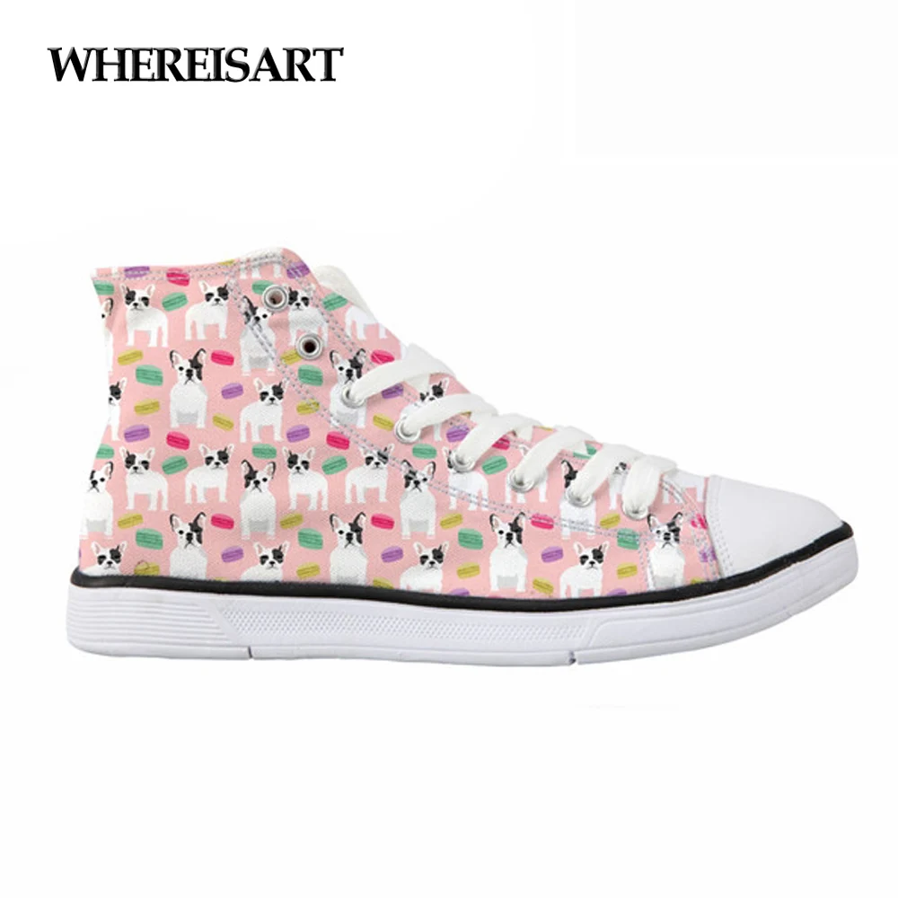 

WHEREISART French Bulldog Cute Women's Vulcanize Shoes Sneakers Casual Women High Top Canvas Shoes Flats Fashion Girls Walking