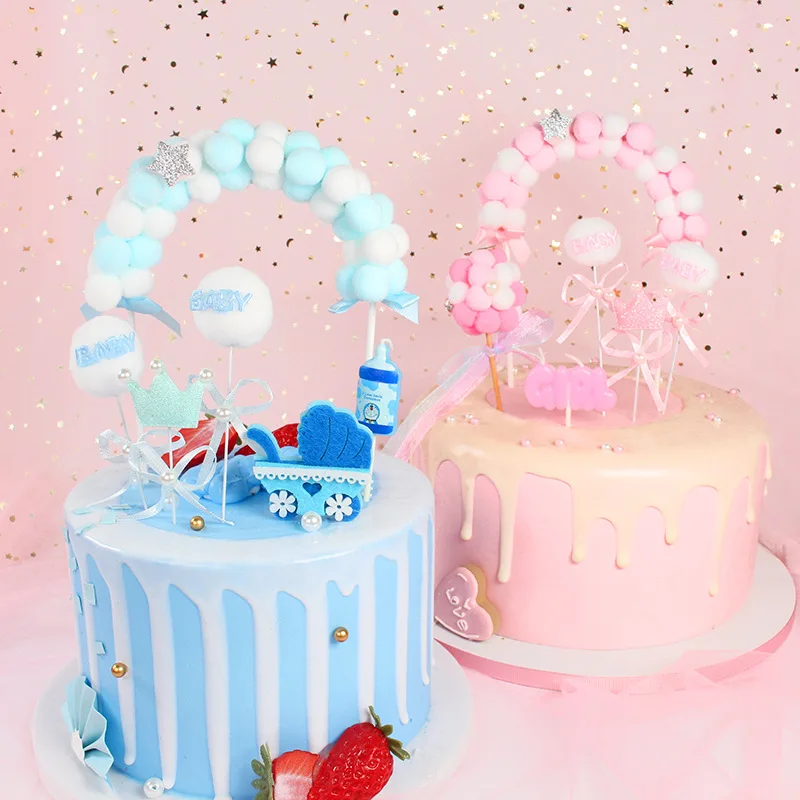 

1Pcs Happy Birthday Cake Topper Pink Blue Soft Cashmere Ball Cloud Baby Shower Birthday DIY Cake Flag Decoration Holiday Party,Q