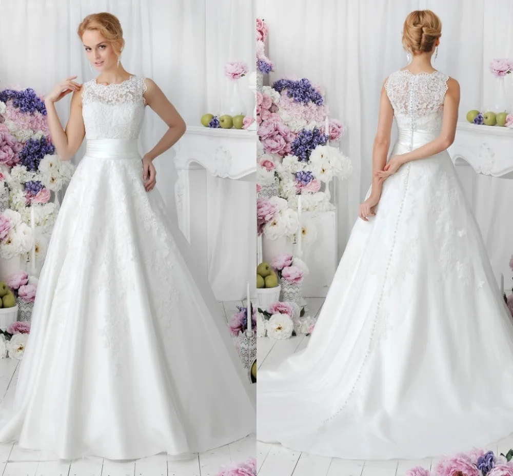 

2015 A-Line Scoop Neck Floor Length Vintage Tulle Wedding Dress Bridal Gown Long Bridal Wedding Gown Dress Lace Appliques F1367