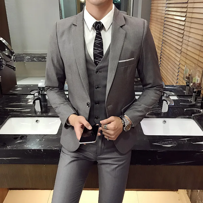 Мужские свадебные костюмы из 3 предметов модный мужской тонкий однотонный деловой офисный костюм наборы мужской блейзер+ брюки+ жилет большого размера 4XL - Цвет: Gray