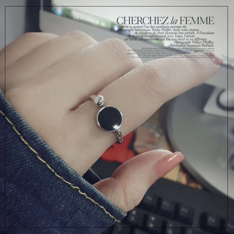 

Anenjery Korean Personality Simple Geometric Hipster Ring For Women Round Epoxy Opening 925 Sterling Silver Rings S-R349