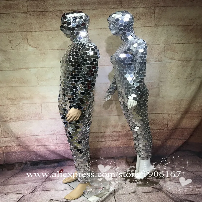 Ballroom dance men robot mirror suit women stage show costumes singer silver clothes models performance catwalk wears dj6