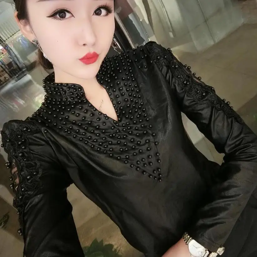

plus size 3XL Women PU leather shirt fashion V-neck beaded hollow out black slim LONF SLEEVE pu blouse tops