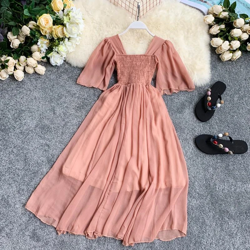 

TAOVK Solid Square Collar Flare Sleeves Dress Elastic Shrink Chest High Waist Lined Holiday Beach Dresses