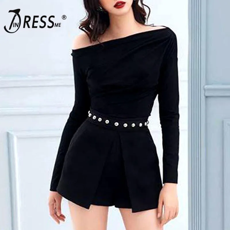 INDRESSME новинка 2019 женский сексуальный черный комплект из 2 предметов пуловер с