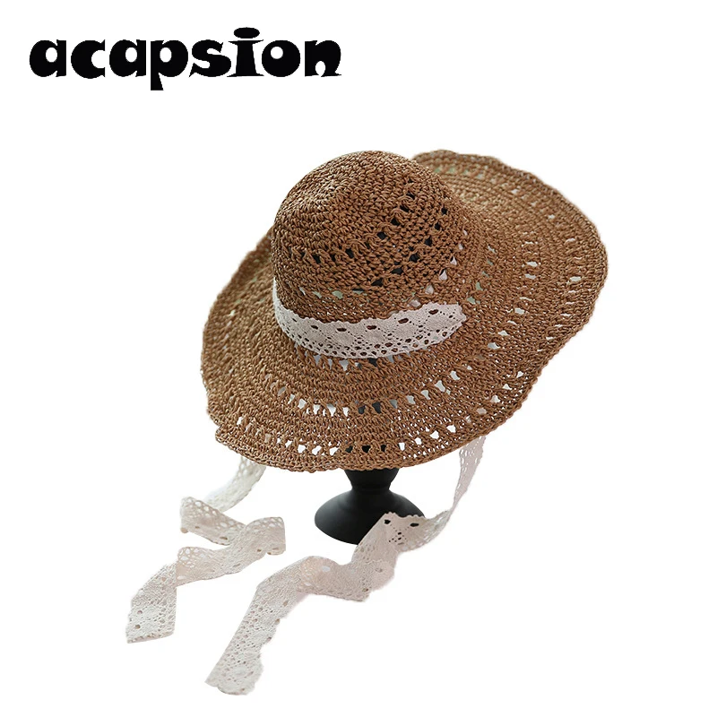 

Acapsion Along Lace Strap Straw Hat Bow Wide Female Summer Cap Beach Visor Sea Beach Sun Protection Hat Collapsible For Women