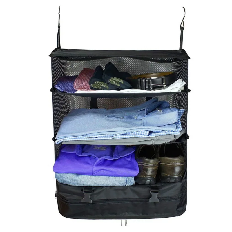 

3-layers Portable Luggage System Storage Organizer Large Black Packable Hanging Travel Shelve Cube Storage Bag