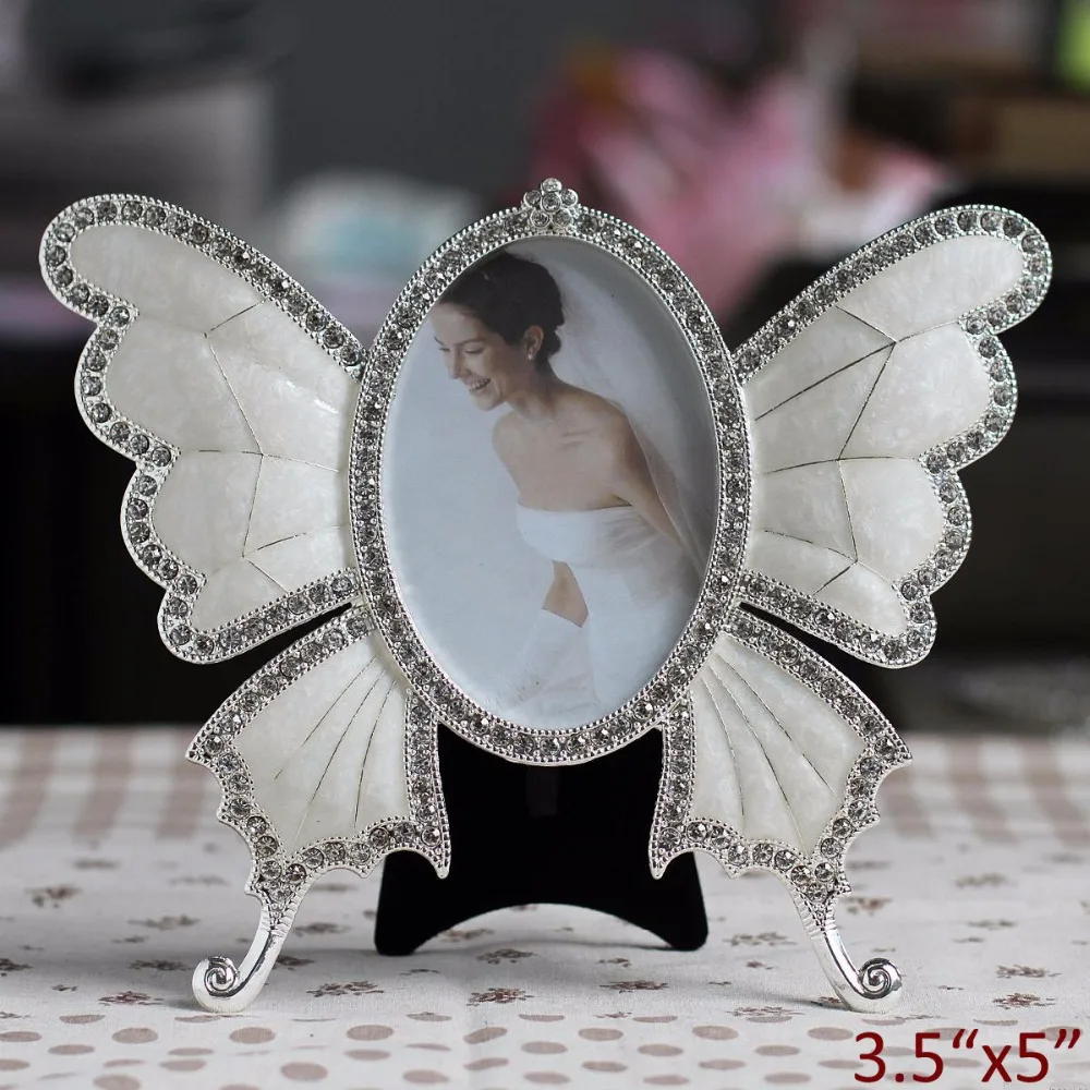 Silver White Jeweled Butterfly Shaped Metal Photo Frame 3.5x5 inchesin